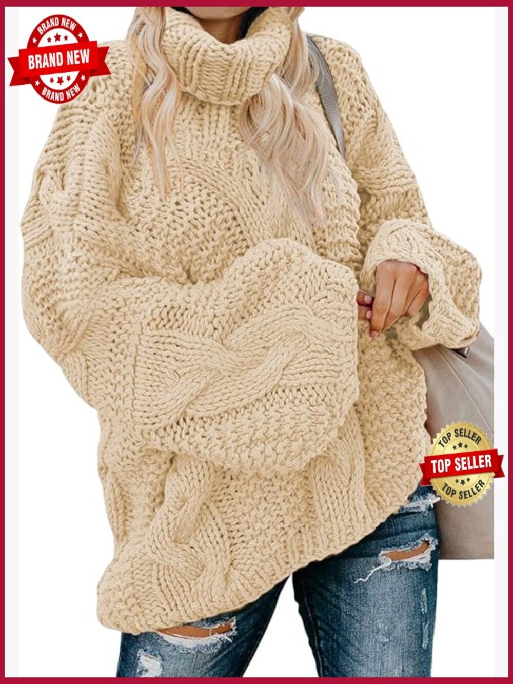 Chunky Cable Knit Turtleneck Pullover Sweater Oversized Cozy Winter